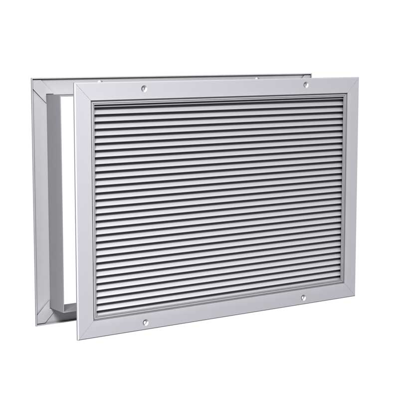 STG – Transfer Grille with 1/2″ Blade Spacing, Flat Border on 2 Sides, Steel, Metalic Gray